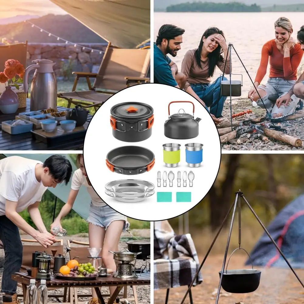 Foldable Handle Pot Stove Camping Cookware Set for 2 Persons with Folding Pot Pan Kettle Utensils Outdoor Non-stick Metal Cook