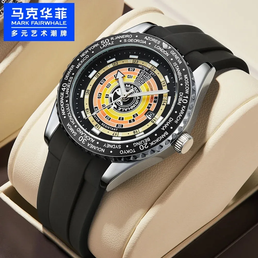 Mark Fairwhale 5930 Luminous Watch For Men Trendy Luxury Silicone Quartz Wristwatches Waterproof Hollow Male's Cloc