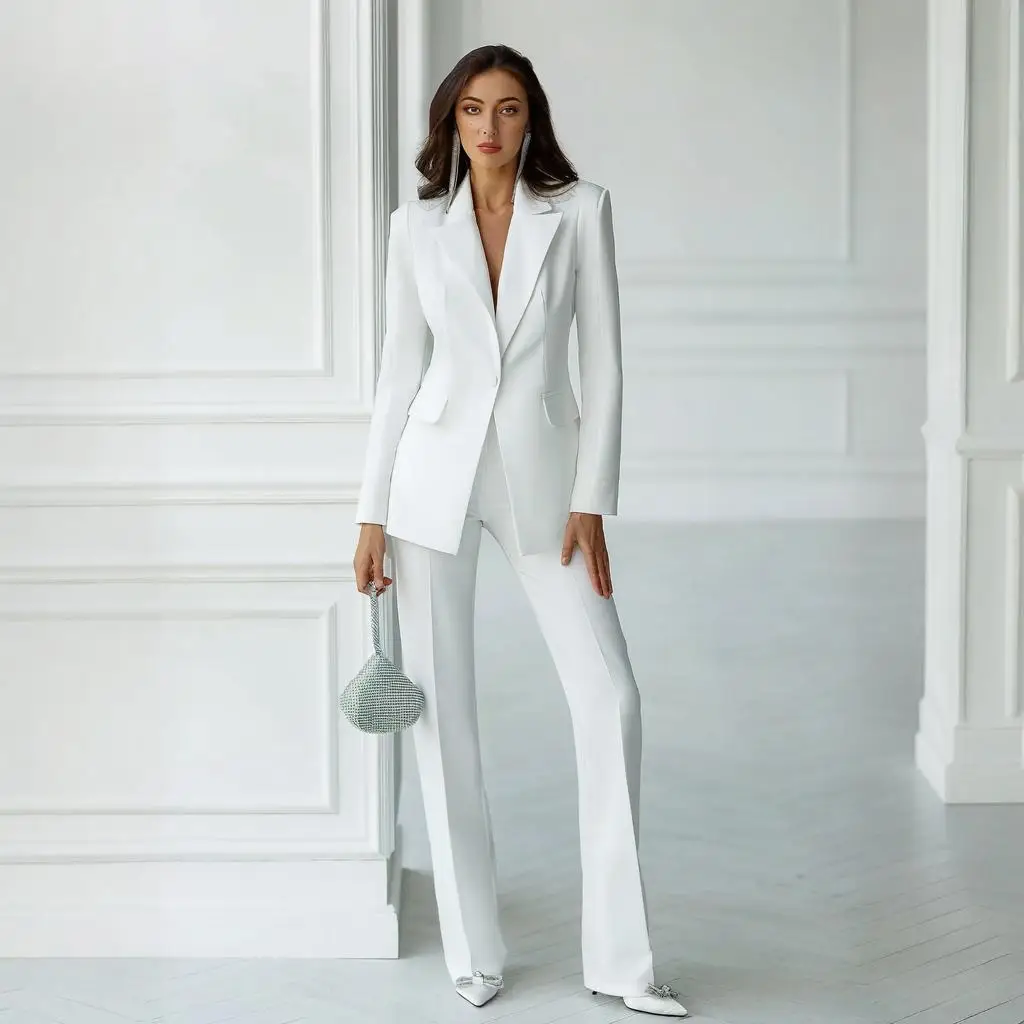 White Women's 2 Piece Suit Set Single Button Business Blazer Casual Daily Office Work Outfits Elegant Pantsuit Set Customize