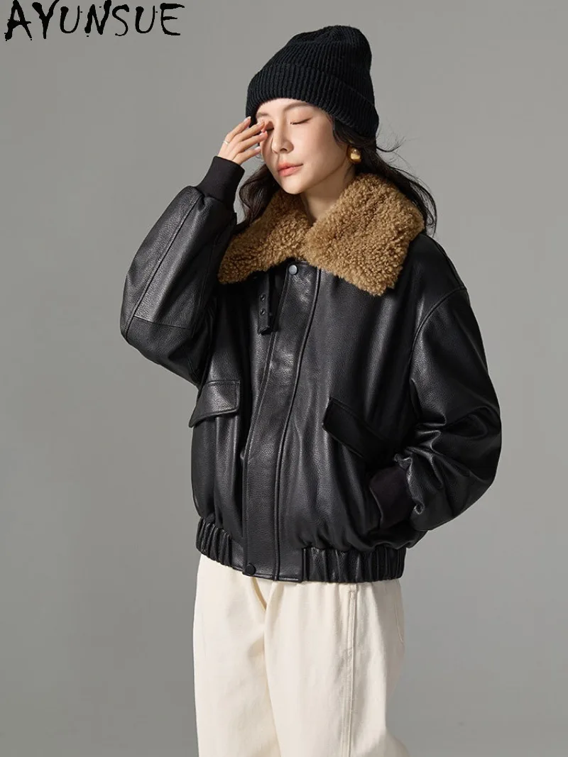 AYUSNUE Women Genuine Sheepskin Down Jacket with Detachable Liner 2026 Winter New Short Fleece Lined Biker Leather Outerwear
