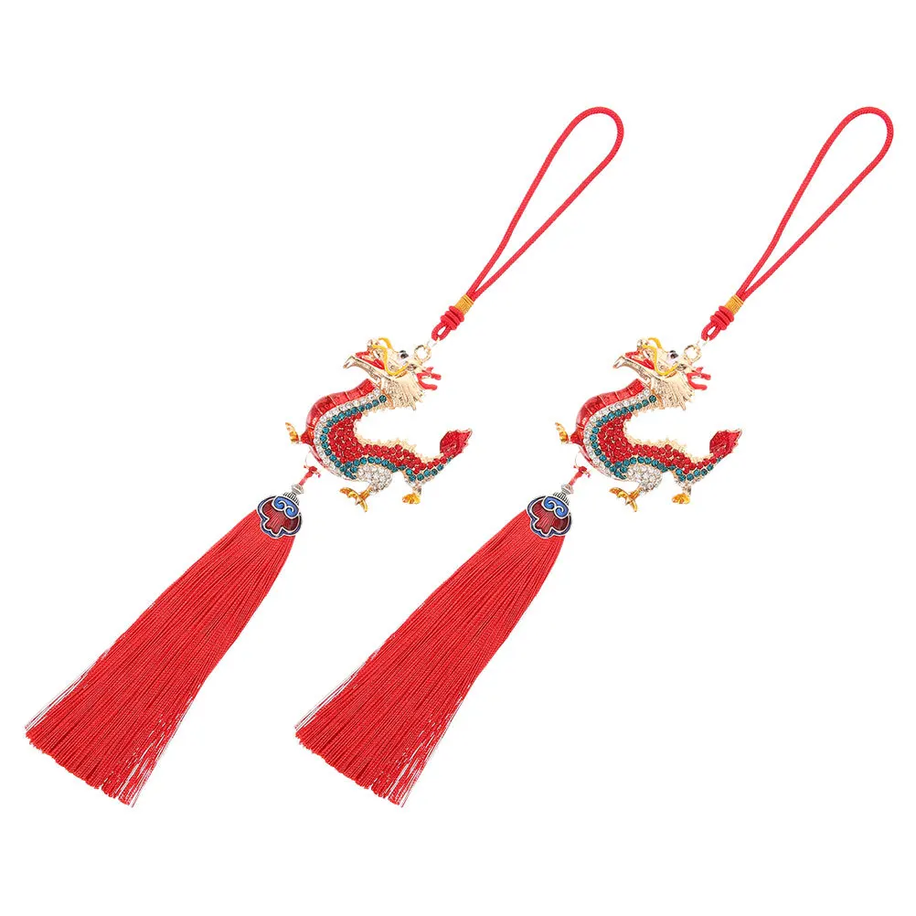 

2Pcs Dragon Car Ornament Durable Zinc Alloy Cotton Rope Rear View Mirror Pendant Elegant Interior Decor Car Ornament