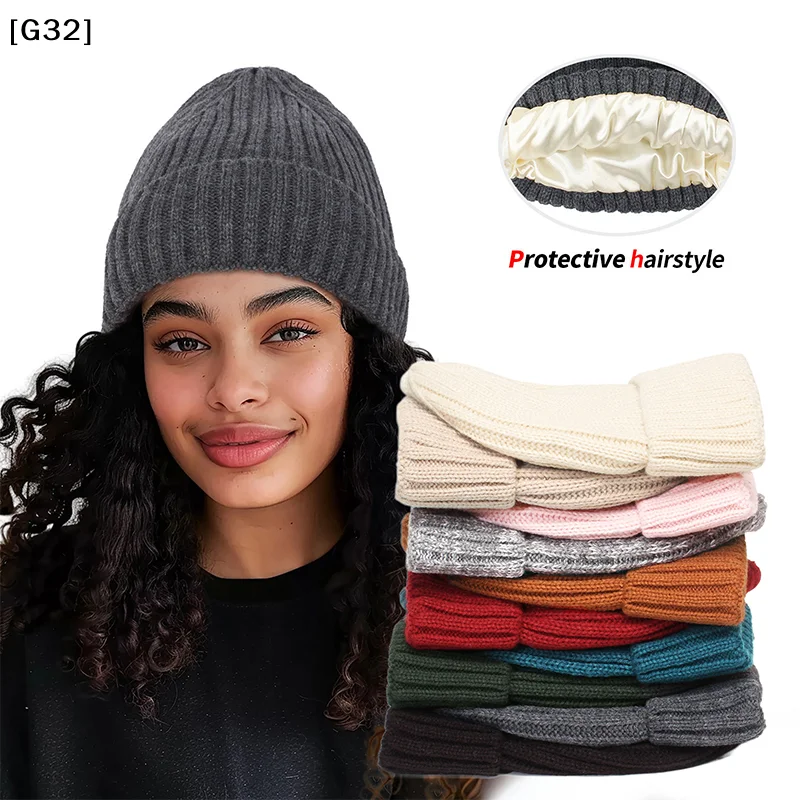 Unisex Silk Satin Lined Knit Beanie, Winter Thick Cashmere Hat, Cool Streetwear Style with Multiple Colors Available[G32]