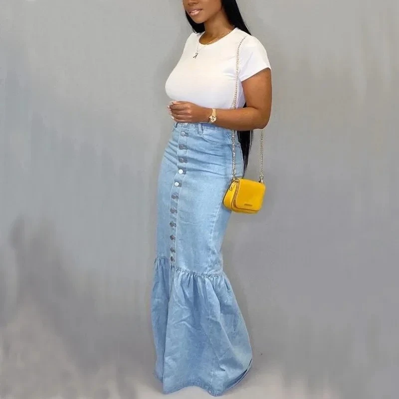 Fishtail Denim Long Skirt Women Full Length Mermaid Trumpet Ruffle Breasted Sexy High Waist Stretchy Skirts 2024 Streetwear