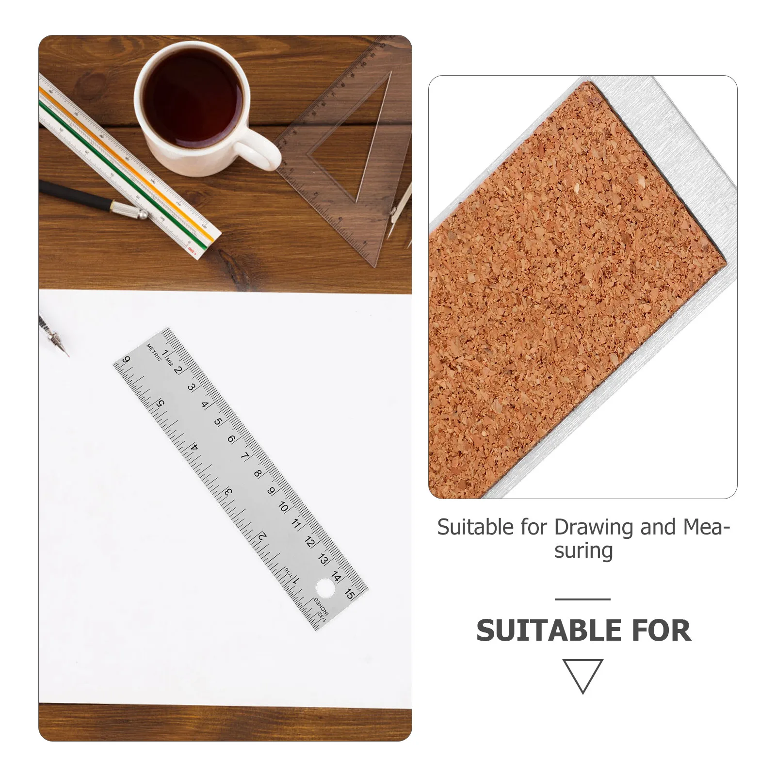 Stainless Steel Cork Backed Metal Ruler 15 Cm 6 Inch Inch Centimeter Scale Hanging Hole Non Slip Accurate Drawing Tool