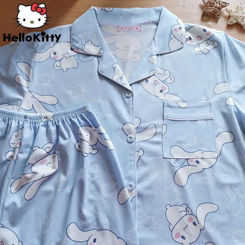 Sanrio-Conjunto de pijama corto para mujer, ropa de dormir de algodón de gran tamaño, holgada, estilo Y2k, Cinnamoroll Kuromi Melody Kawaii, para el hogar