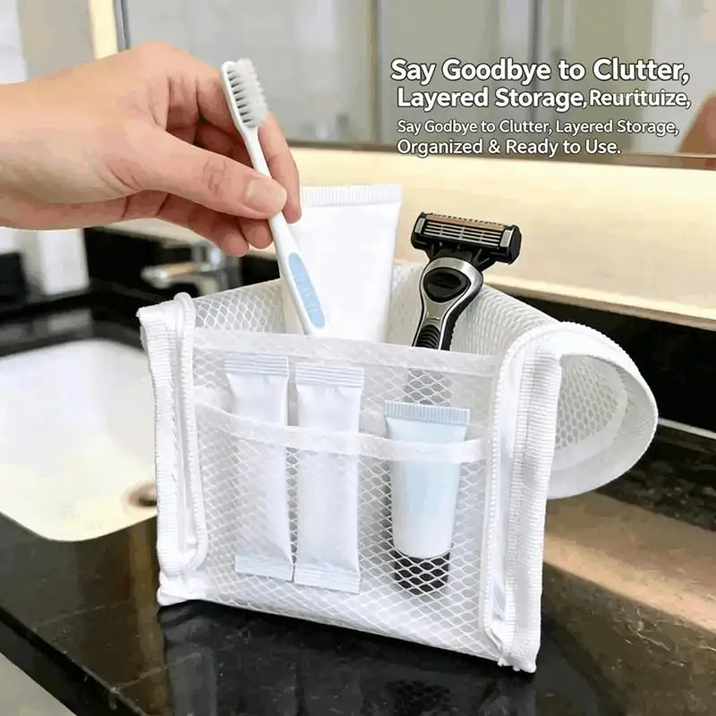 Wasserdichte, selbststehende Kosmetiktasche mit großer Kapazität und mehreren Netztaschen für Reisen – Detail 13