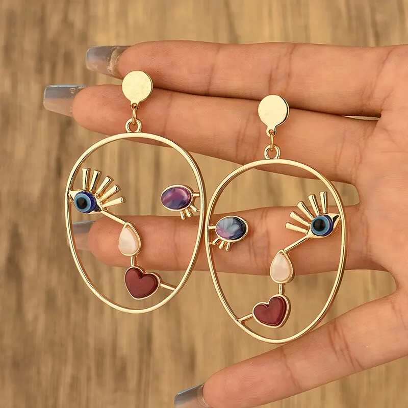 Creative Abstract Face Pendant Earrings For Women Gold-color Hollow Geometric Evil Eye Beads Dangle Earrings Female Jewelry K0