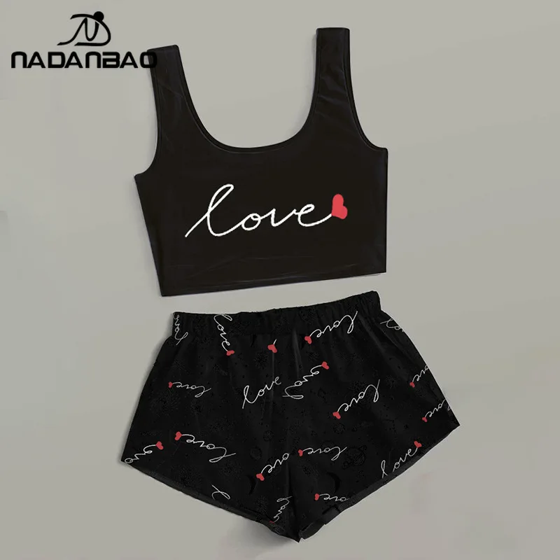 

NADANBAO женский принт любви, 2 шт./компл., укороченный топ на бретелях, шорты, костюм для йоги, фитнеса, повседневный пижамный комплект, домашняя одежда с графикой, наряд