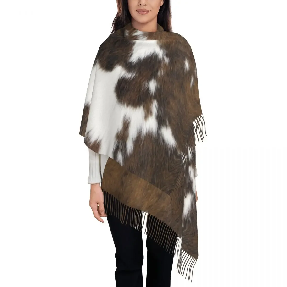 Ladies Large Simulated Cowhide Texture Scarves Women Winter Soft Warm Tassel Shawl Wraps Scarf