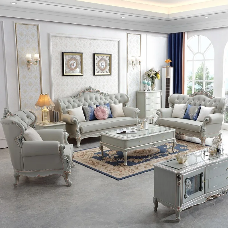 French high-end Tiffany blue leather sofa, European classical luxury villa sofa