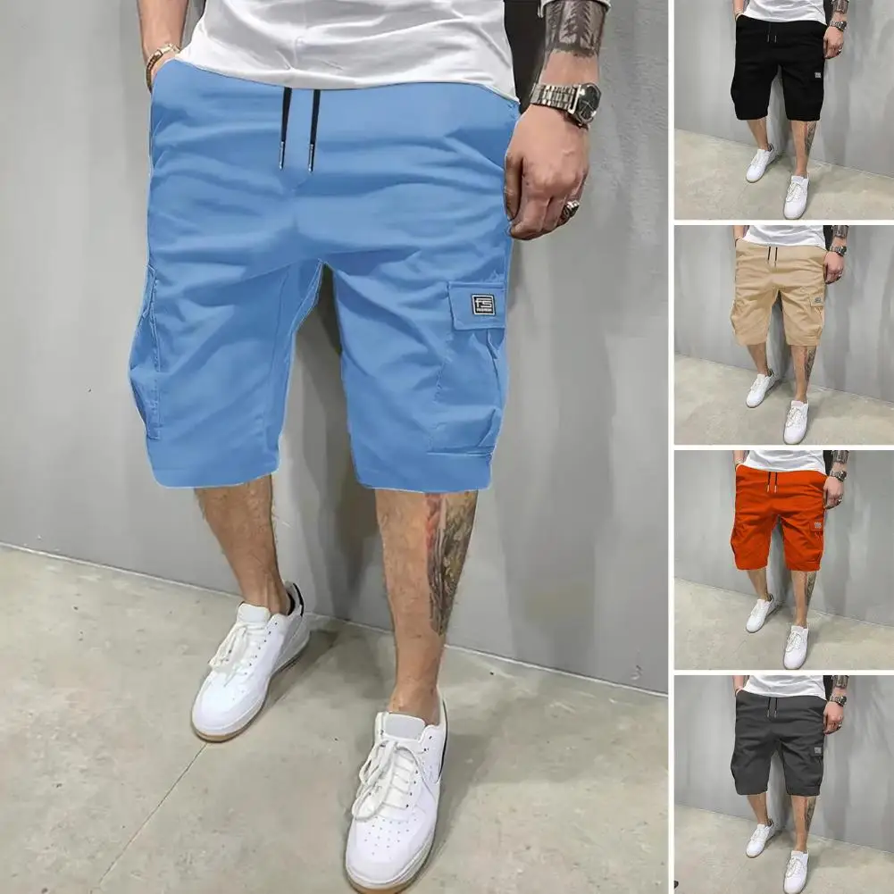 Mens Cargo Shorts Long Short Pants For Men Solid Multi Pocket Elastic Waist Bermuda With Draw String Half Cotton Luxury Wide