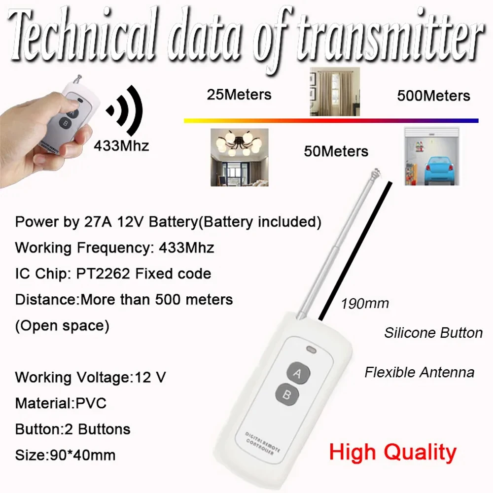 433Mhz Universal Wireless Switch DC12V 4botton Relay Receiver Module RF Remote Control 500Meter Transmitter for Garage Car Gate