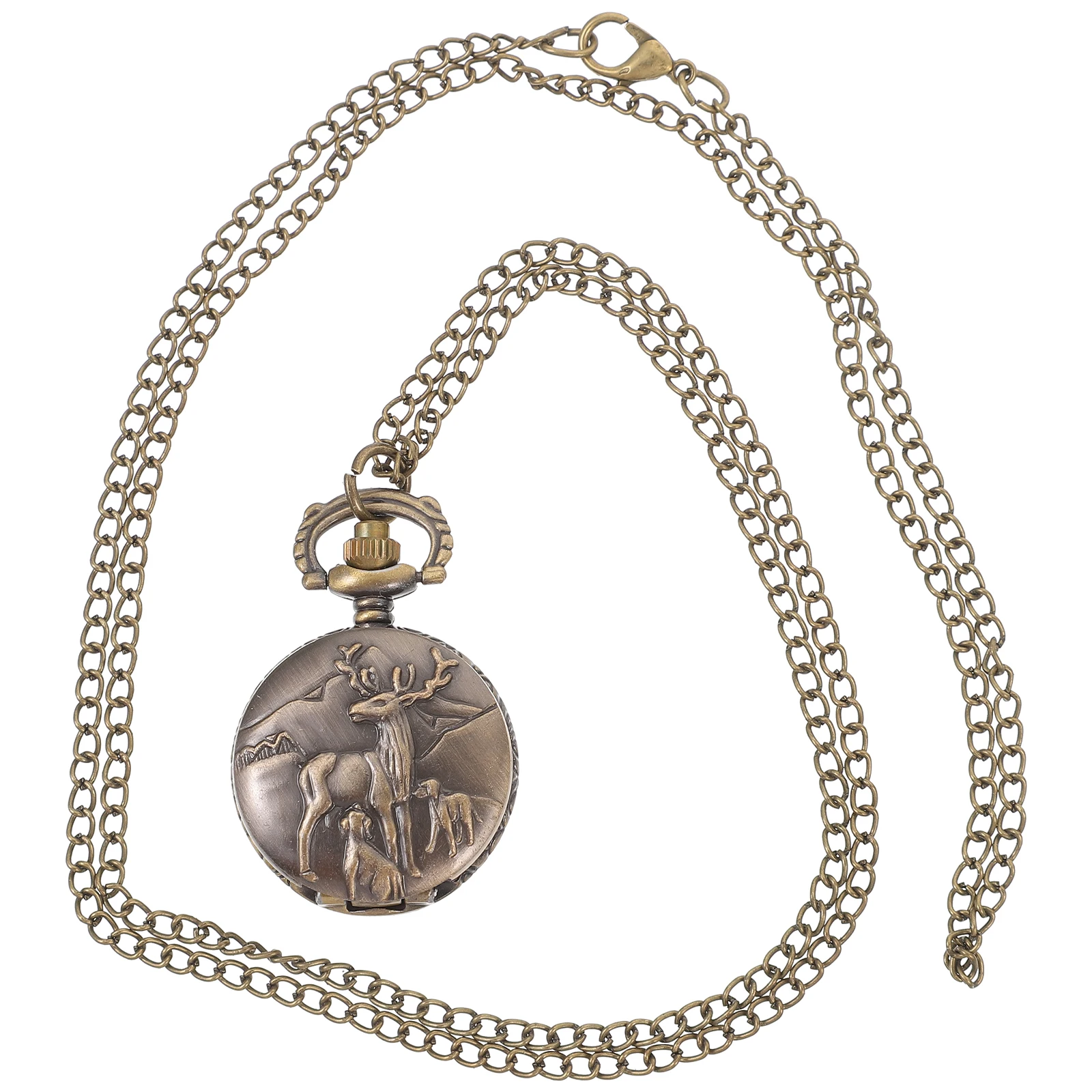 

1Pc Retro Metal Pocket Watch Type Deer Pattern Quartz Watch Vintage Necklace Chain Watch (with A Chain)