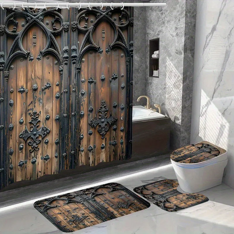 防水シャワーカーテンセット,バスルームマット,滑り止めカーペット,ポリエステル,便座カバー,12フック,家の装飾,1個,4個