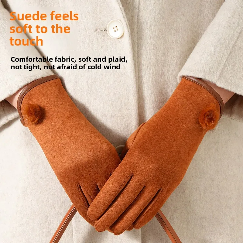 Premium Soft Suede Velvet Thickened Warm Gloves for Women Autumn Winter Windproof Coldproof Touch Screen Outdoor Driving Cycling
