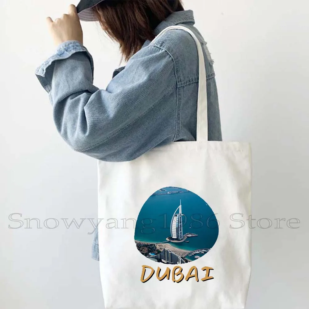 Dubai United Arab Emirates Burj Khalifa Skyscraper City Skyline Canvas Shoulder Tote Bag Harajuku Shopper Reusable Cute Handbag