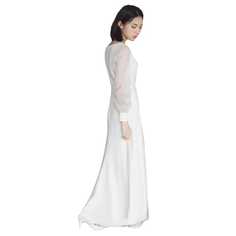 Robe de mariée française légère, Simple, en Satin blanc, voile de sortie, col en v, manches longues, robe de soirée pour Banquet d'anniversaire, 2026