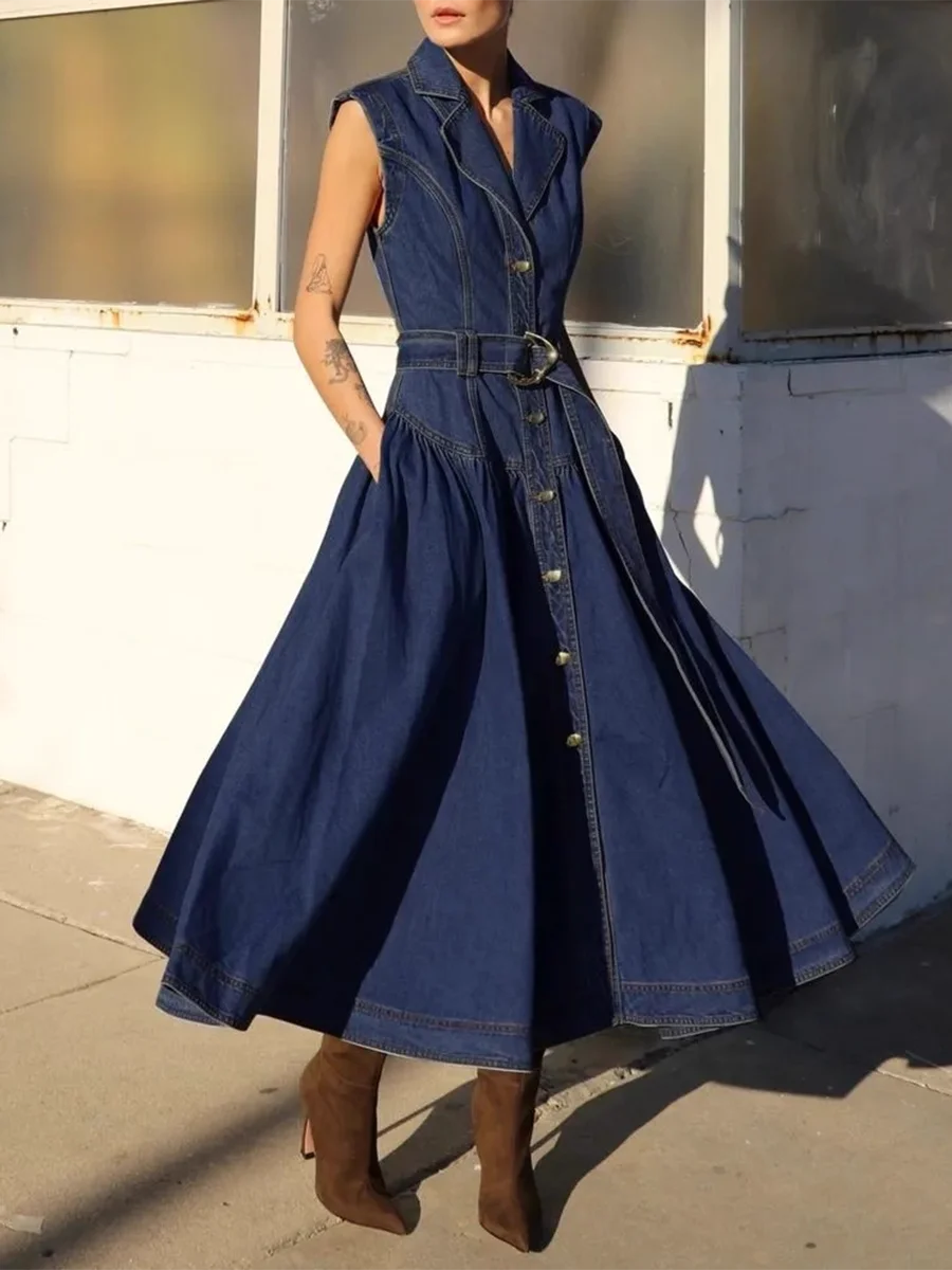 Twotwinstyle ファッションスプライシングシングルブレストカウボーイドレス女性のためのラペルノースリーブパッチワークベルト気質ドレス女性