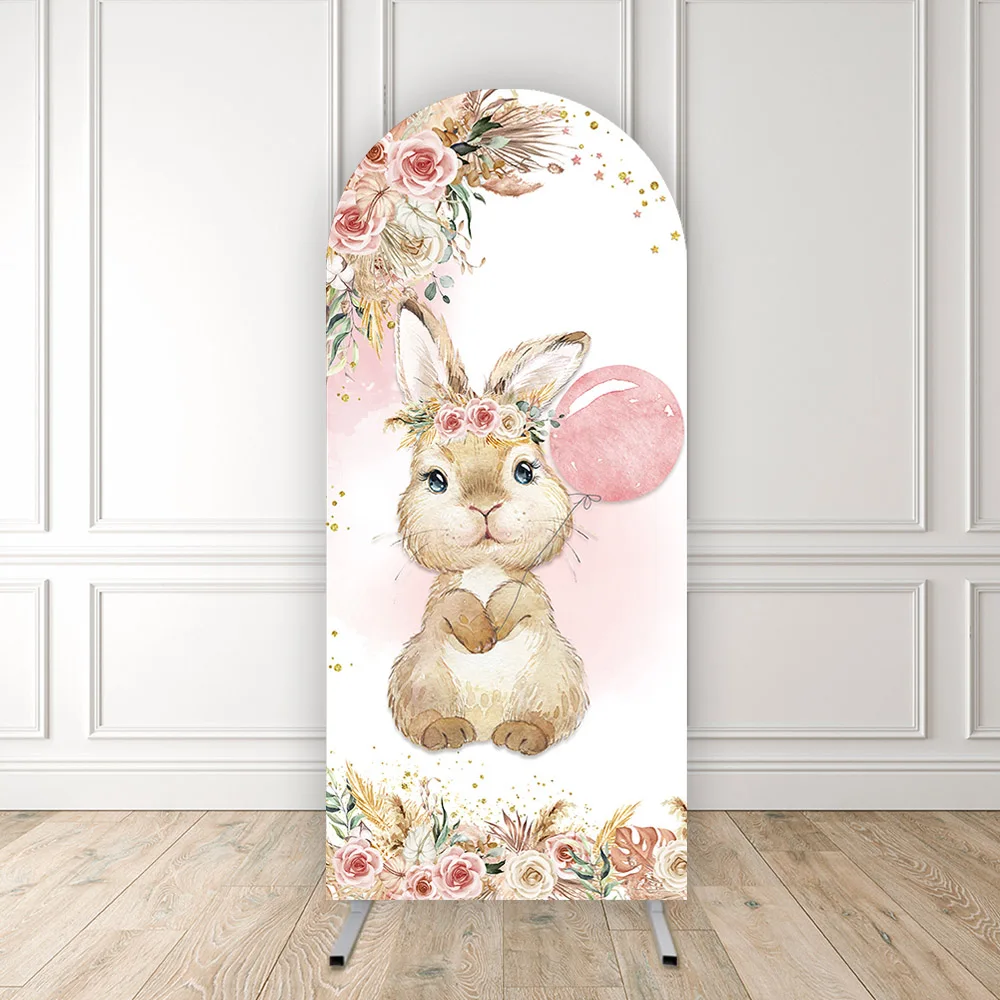 Mehofond Custom Floral Rabbit Girl Birthday Party Covers Arch Chiara Wall Background Baby Shower Decor Backdrop Photo Doubleside