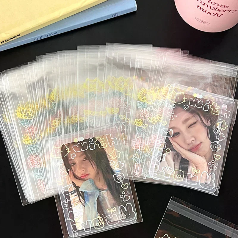 Transparent Cute Graffiti Kitten Self-adhesive Opp Bag Kpop Idol Photo Cards Protective Storage Bag Photocard Card Sleeves 50Pc
