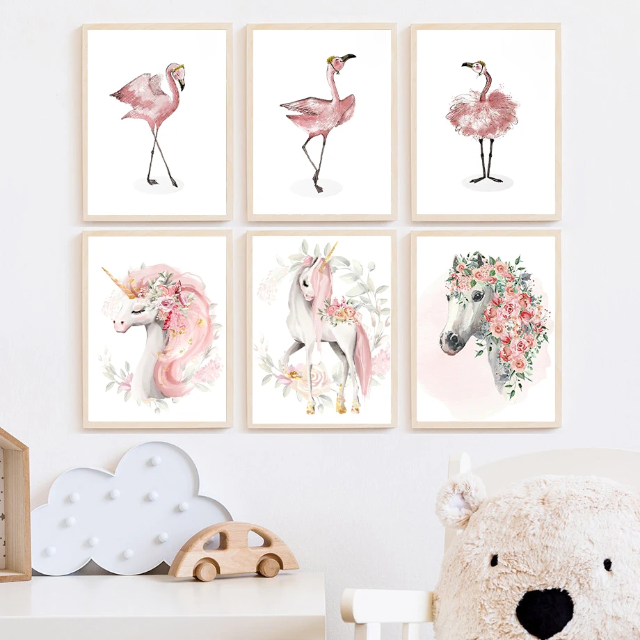 Dancing Flamingos Unicorn A Horse With Flowers Crown Festoon Decorated Vehicle Wall Art Canvas Painting Nordic Poster Room Decor