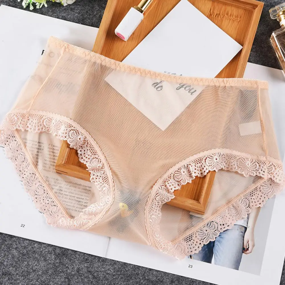 Bragas transparentes de encaje para mujer, ropa interior transpirable de cintura media, con hojas florales