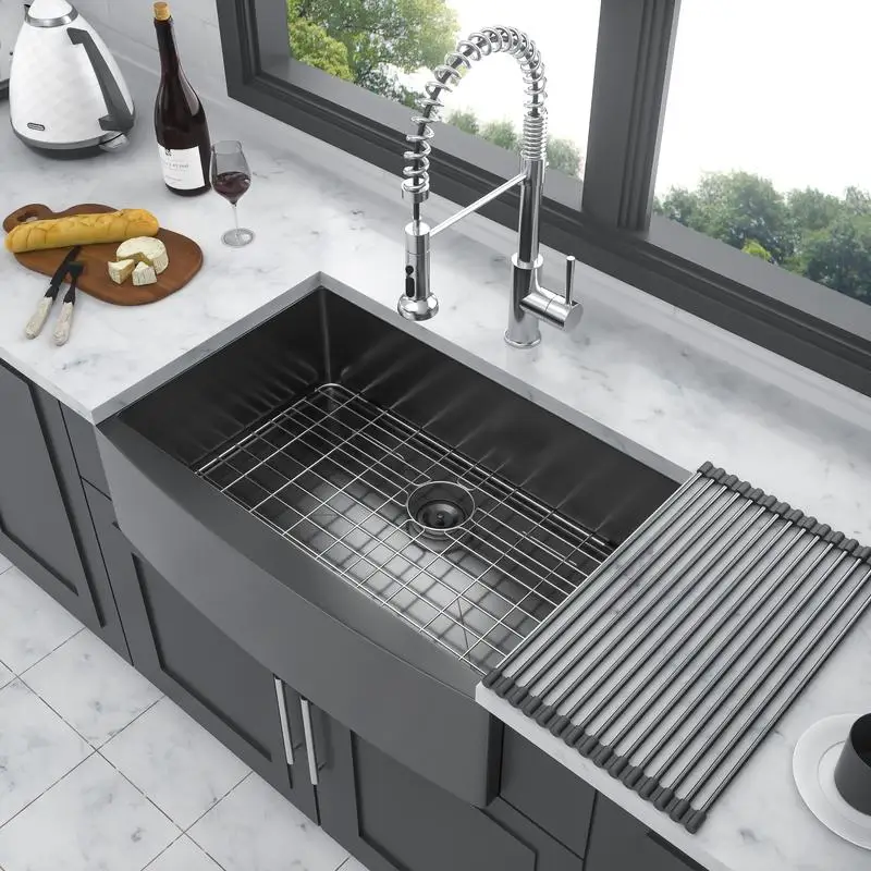 

30" Black Apron Front Kitchen Sink, 30x21x10, Stainless Steel, 16 Gauge, 10" Deep, Single Bowl, Gunmetal Finish