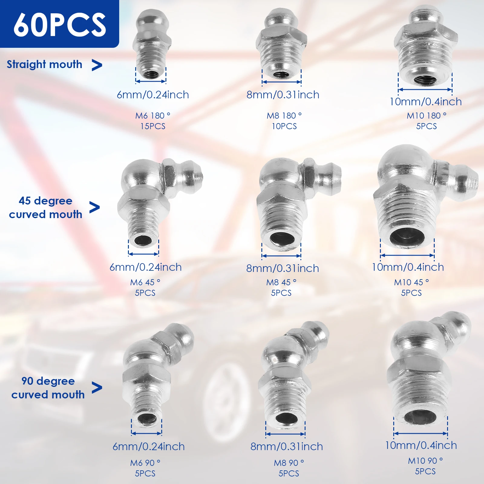 60/120Pcs Metric Grease Fitting Kit 9 Type Galvanized Metal Hydraulic Grease Zerk Assortment Set M6 M8 M10 Vehicle Nozzle Fuel