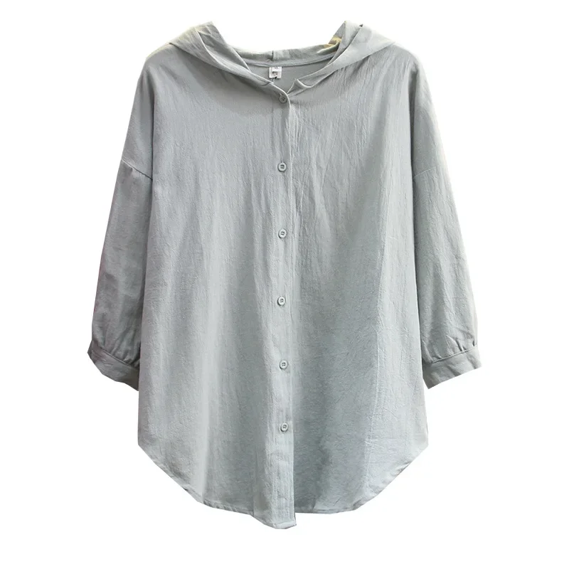 

Spring Autumn Women Shirt Plus Size Fashion Casual Clothes Female Tops Cotton And Linen Half Sleeve Hooded Chaqueta Mujeres V598