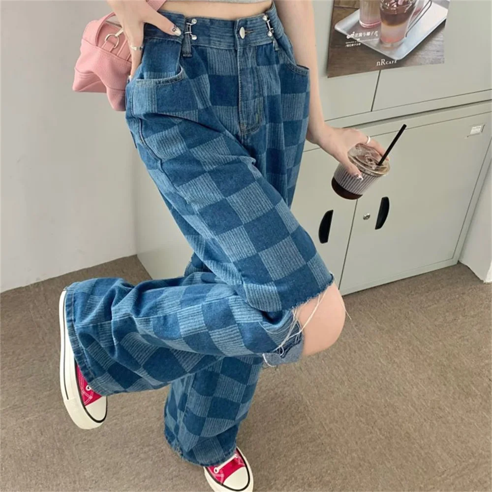 PLAMTEE Hole Women Jeans Chessboard Plaid Loose Wide Leg 2023 High Waist Summer Office Lady Vintage Casual All Match Denim Pants