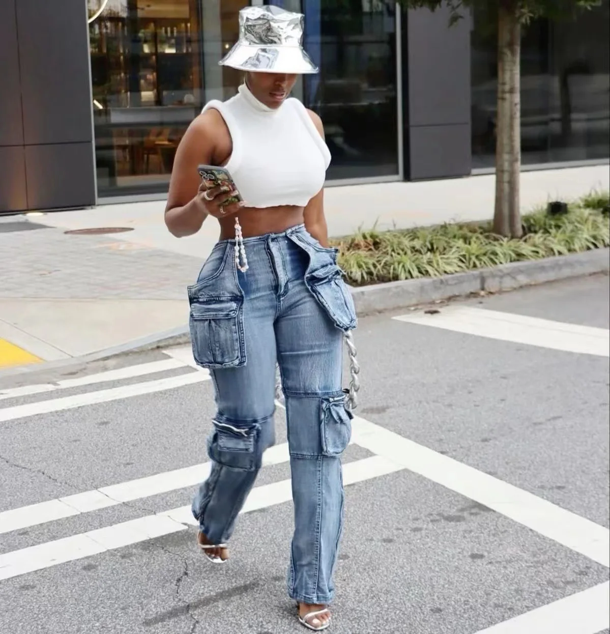 Women Denim Pants Autumn Big Pockets Elastic Denim  Cargo Pants Women Fashion High Waist Straight Wide Leg Jeans Denim Trousers