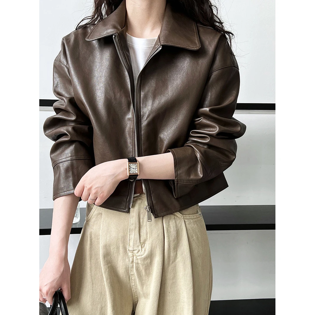 2024 Spring Pu Leather Turn Down Collar Jacket Coat Fashion ZIP Women Classic Jacket Femme Streetwear Women Tops Clothes