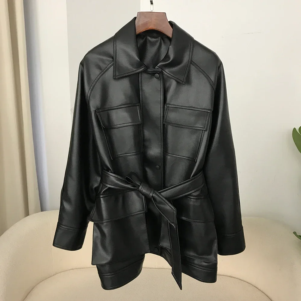 2024 Autumn New Pu Leather Jacket Women Vintage Spring Loose Tooling Strap Mid-length Leather Coat Female Biker Jacket