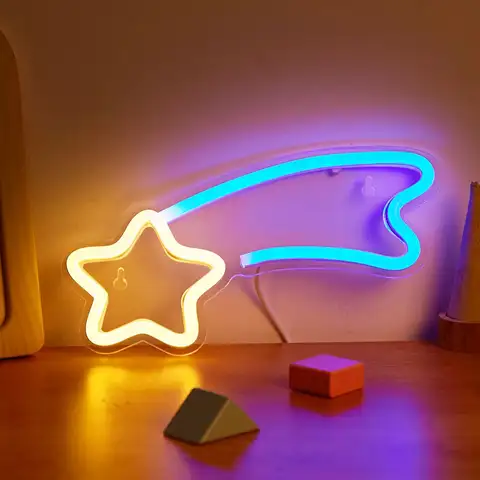 Chi-buy LED Neon Shooting Star USB Powered Neon Signs Night Light 3D Wall Art Bedroom Living Room Decor Lamp Signs