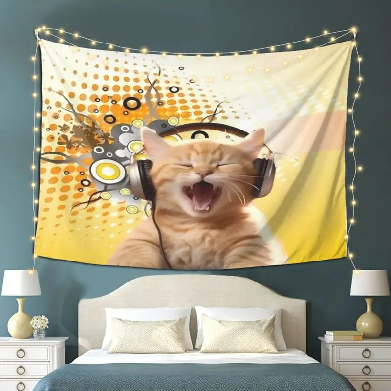 VIKAMA Wall Tapestry Listens To Music With Orange Cat Tapestries Retro Polka Dot Headphones Cat Prints Print Tapestry