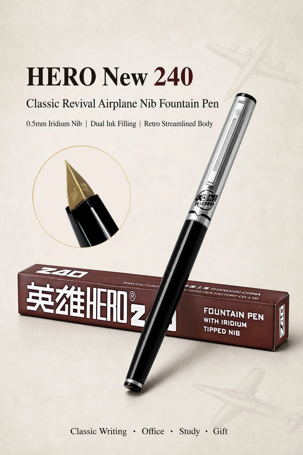 Hero 240 Retro-Füllfederhalter, klassisches Design, feine 0,5 mm Iridium-Feder, glattes Schreiben, gleichmäßiger Tintenfluss für den täglichen Gebrauch – Detail 1