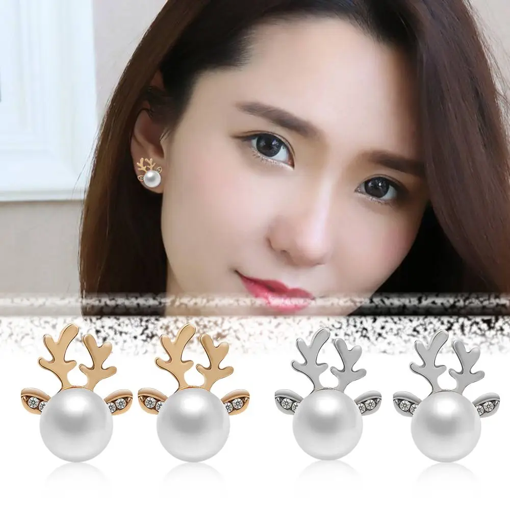 Hot Xmas Fashion Christmas Pearl Deer Earrings Ear Stud Women Girls' Jewelry