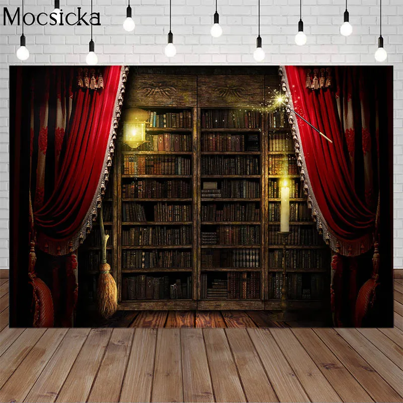 Magic Bookshelf Photography Backdrops Vintage Bookcase Library Wood Book Stand Kids Portrait Background Photo Studio Photocall