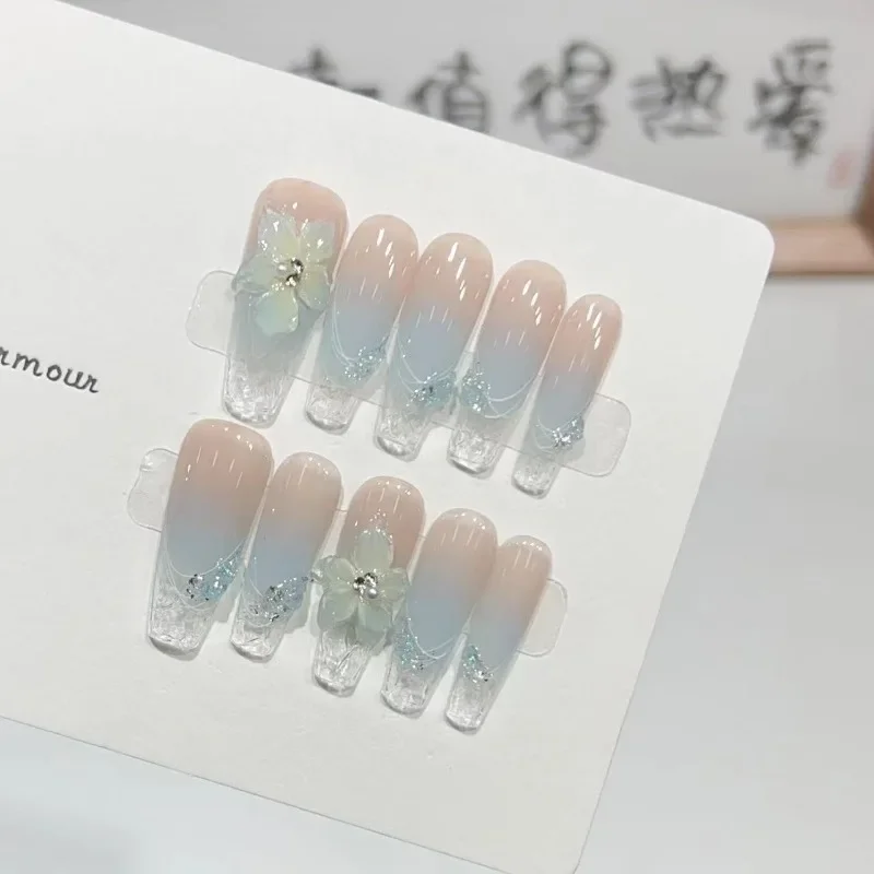 Full Cover False Nails Press on Nails Fake Nails Diy Pure Handmade Removable Blue Ice Flower Nude French Water Ripple