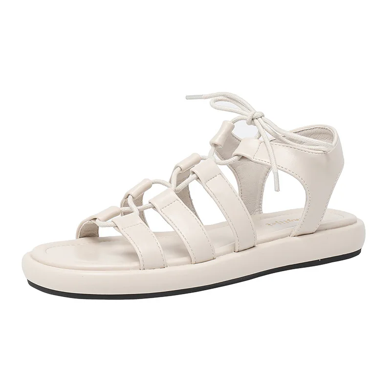 Women Thick-soled Roman Sandals Retro Crossover Strap Flat Base Beach Shoes Big Size Girl Sandal Brown