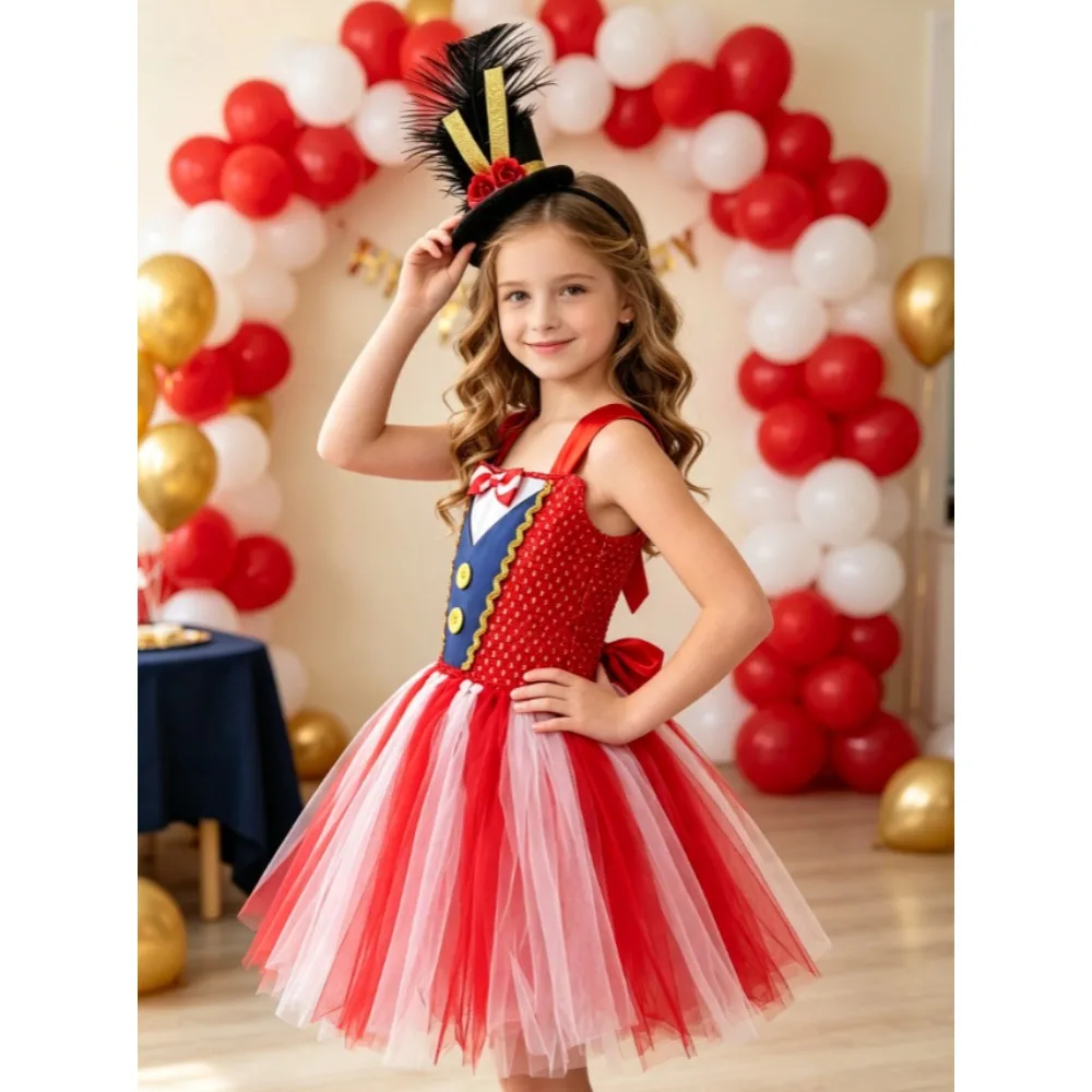 Children Red Blue White Circus Clown Dress With Hat Outfit For Kid Halloween Carnival Party Role Play Stage Performance Clothing