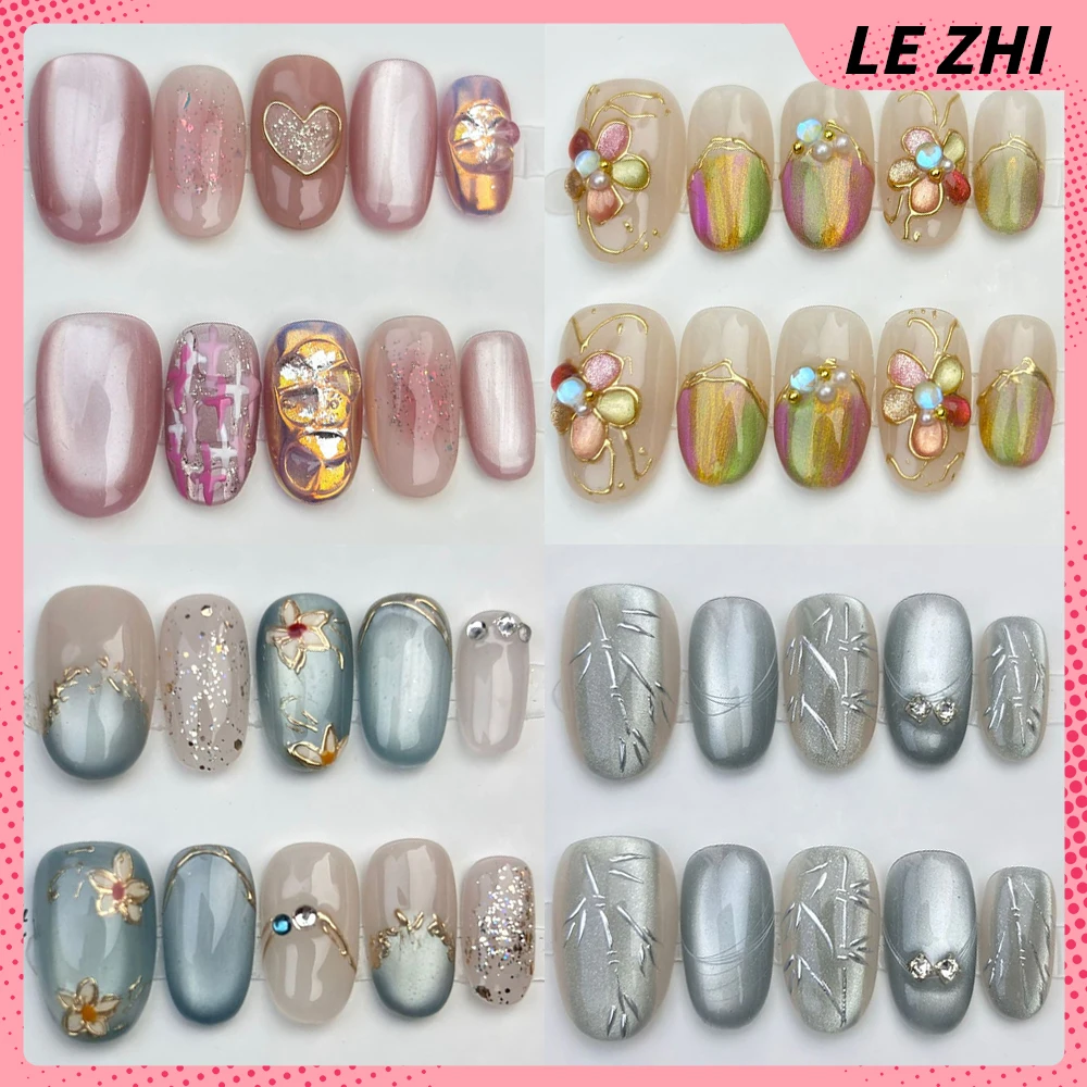 

High Quality Short Square Ellipse Handmade Cat Eyes Press On Nails Cute Pearl Flowers Diamond Design Detachable False Nail
