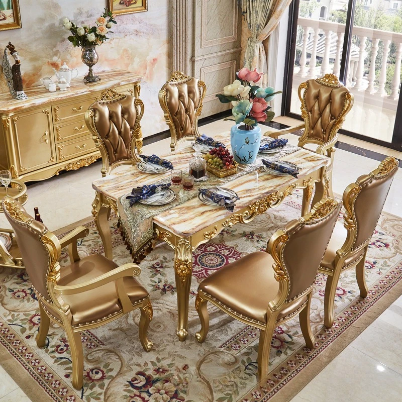 

European marble dining table solid wood leather combination solid wood carving flower long dining table 4-8 people