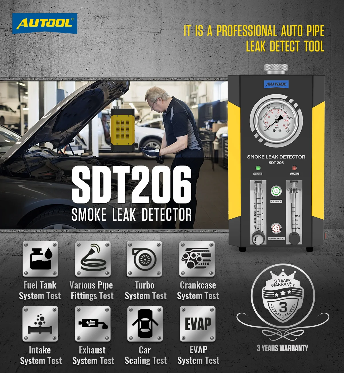

AUTOOL SDT206 Car Smoke Leakage Detector Automotive EVAP Leak Tester Locator Auto Diagnostic Generator Intake Bladder