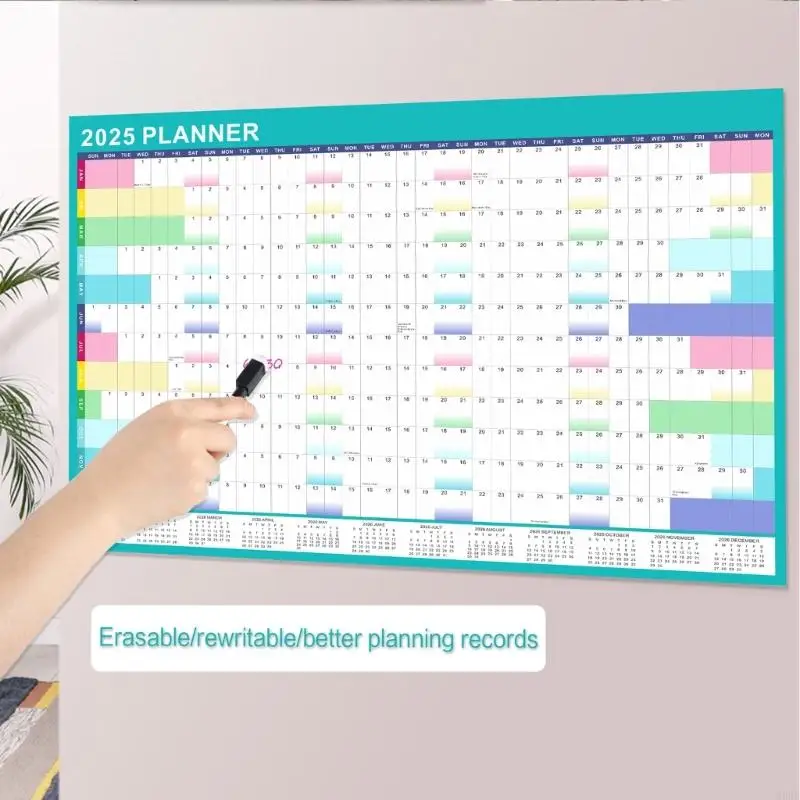 H9EB 2025 Wall Calendar Yearly Wall Planner, 2025 Full Year to View Calendar with Erasable Marker and Adhesive Dot Stickers