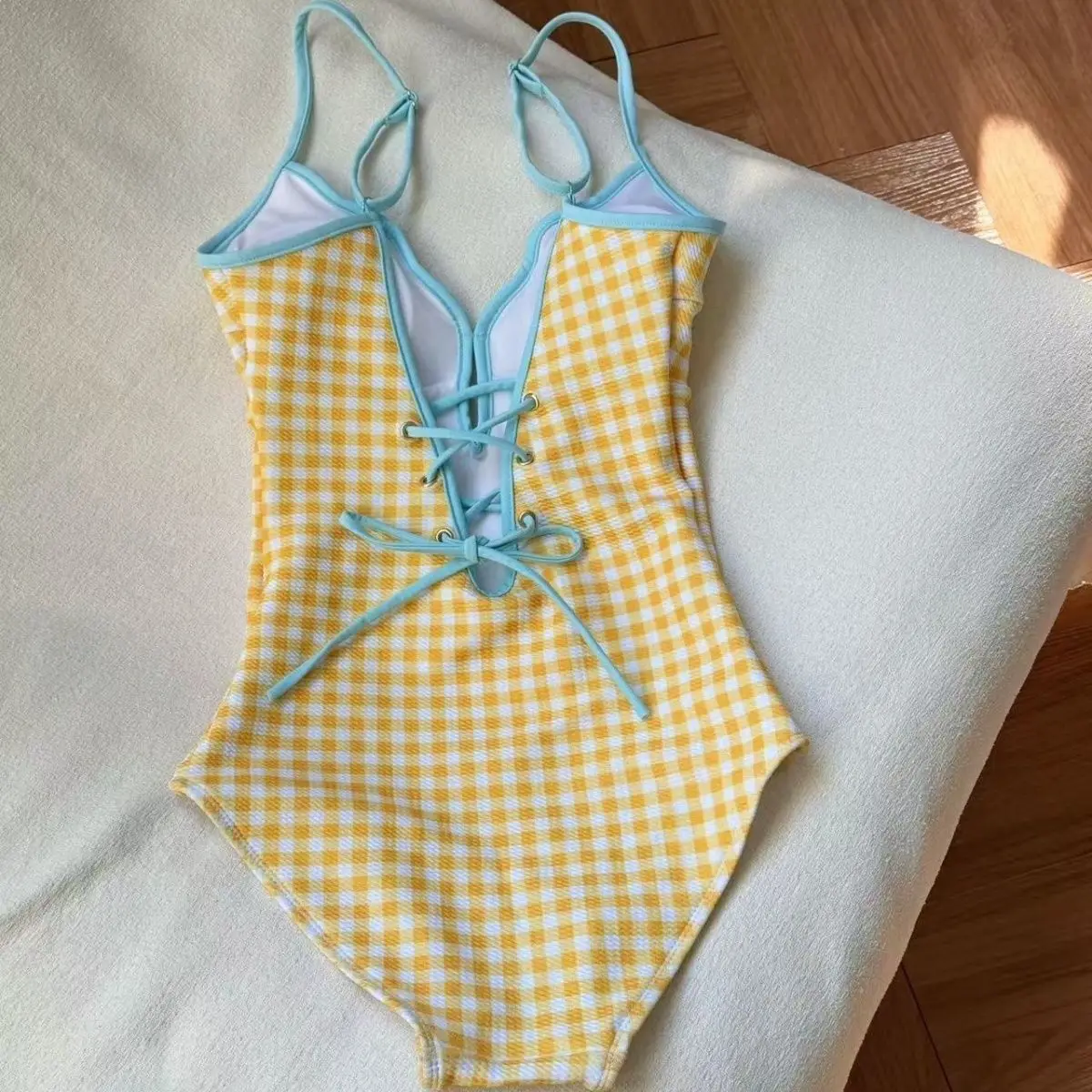 

Women Spaghetti Strap One Piece Swimsuit 2026 Summer Yellow Gingham Print V Scallop Neck Lace Up with Light Blue Cover Up Skirt