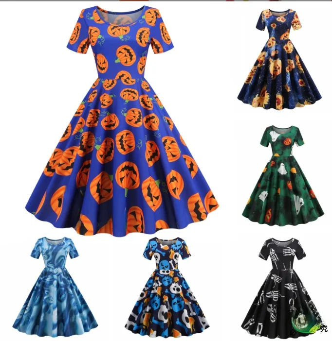 loween Fly Costume Court Dr Pumpkin Outfit Kids Long Skirt High Waist Bell Sve round Ne Gown for Children