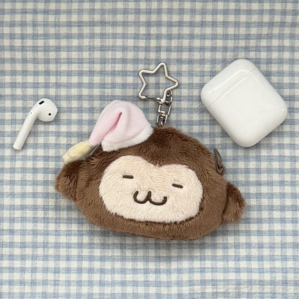 Sleeping Monkey Plush Earphone Case Keychain, Cute Cartoon Headphone Pouch Pendant, Soft Stuffed Bag Charm for AirPods