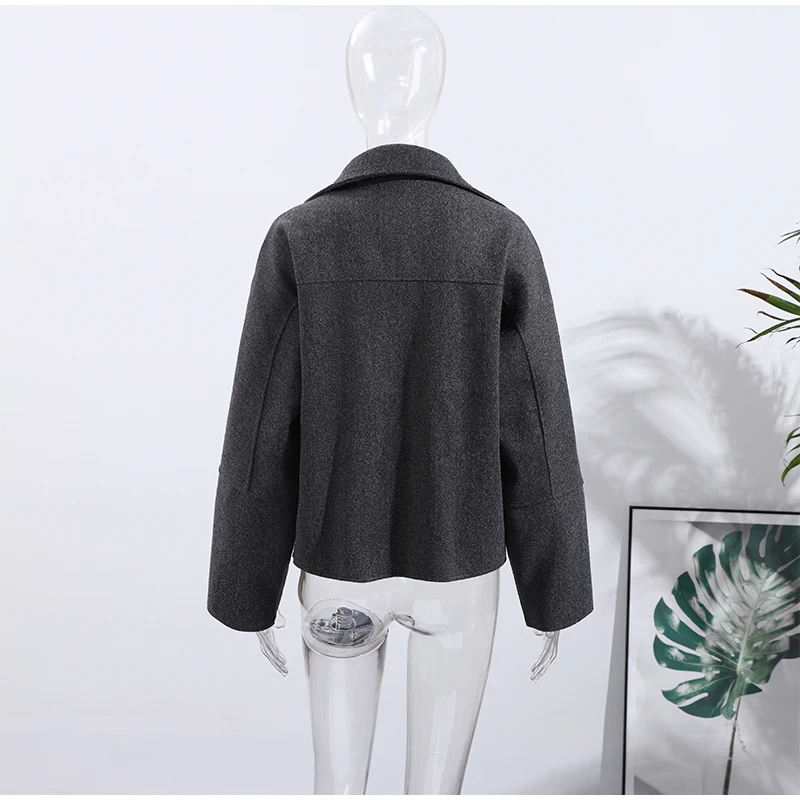 Vintage Damen Wollmantel mit Stehkragen, Einfarbig mit Taschen, Langarm Einreihige Jacke, Damenoberbekleidung Herbst Winter 2026 – Detail 7