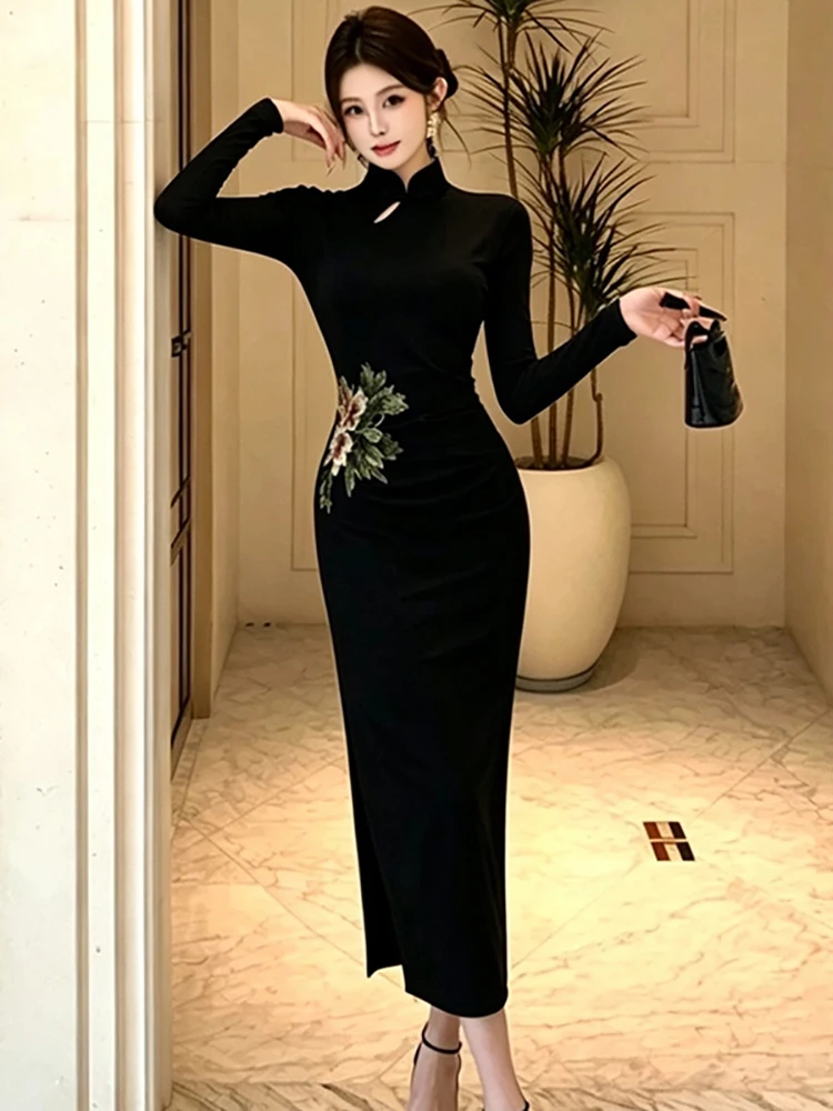 Autumn Winter Black Floral Long Sleeve Stand Collar Dress Women Vintage Hepburn Party Dress 2026 Korean Elegant Luxury Vestidos